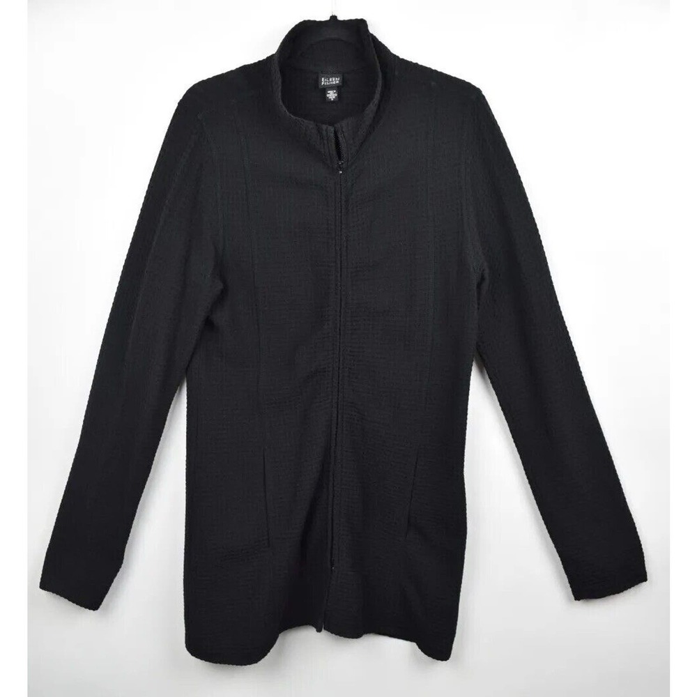 Eileen Fisher Waffle Knit Long Jacket Black Cotton Full Zip Lightweight Sz Small